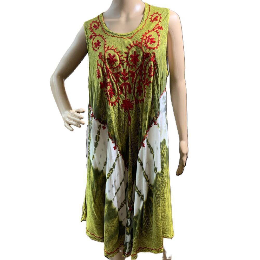 Shore Drive Lime Green Floral Embroidered Sleeveless Dress Free Size Boho Indie